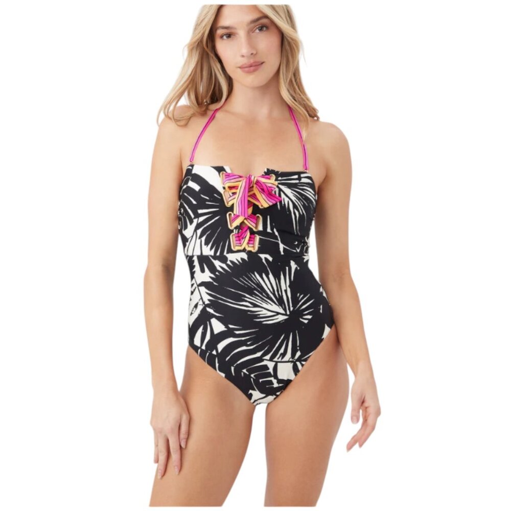 Trina Turk Black & White Tropical One-Piece with Pink Accents